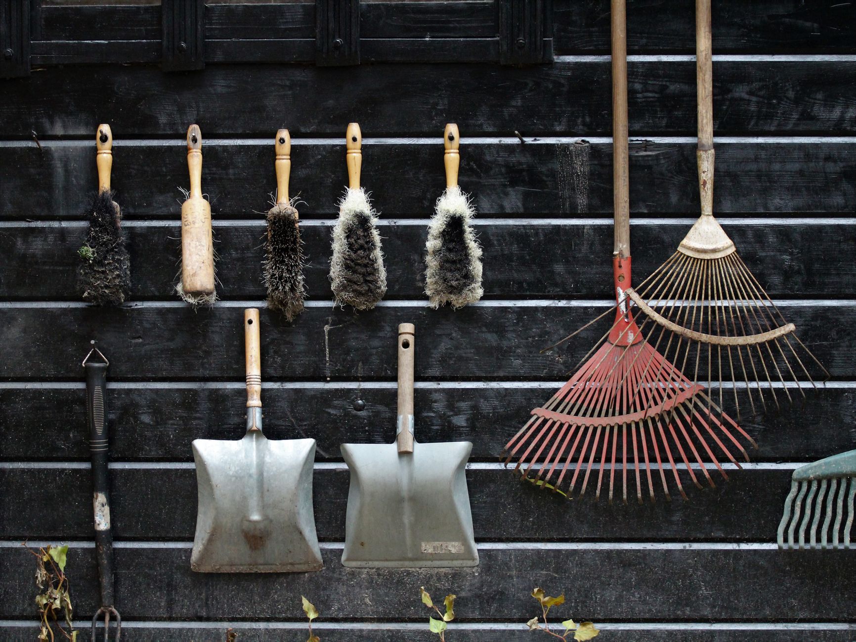 Neatly arranged garden tools hanging on a rustic wooden wall.